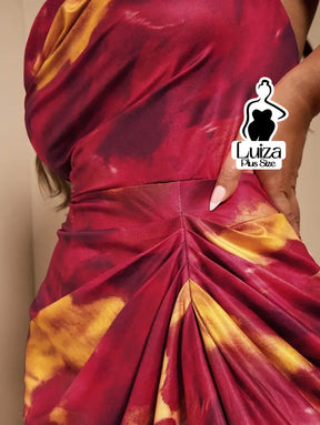 Vestido Longo Estampado Fenda Decote Drapeado Plus Size Vestido Longo Estampado Fenda Decote Drapeado Plus Size