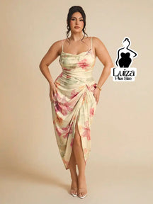 Vestido Longo Estampado Fenda Decote Drapeado Plus Size Amarela / G Vestido Longo Estampado Fenda Decote Drapeado Plus