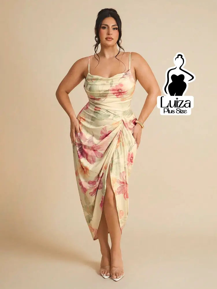 Vestido Longo Estampado Fenda Decote Drapeado Plus Size Amarela / G Vestido Longo Estampado Fenda Decote Drapeado Plus