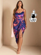 Vestido Longo Estampado Fenda Decote Drapeado Plus Size Roxo / G Vestido Longo Estampado Fenda Decote Drapeado Plus Size