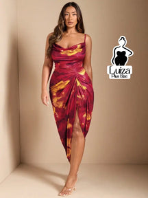 Vestido Longo Estampado Fenda Decote Drapeado Plus Size Vermelho / G Vestido Longo Estampado Fenda Decote Drapeado Plus