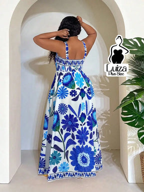 Vestido Longo Estampado Floral Alças Largas Plus Size Vestido Longo Estampado Floral Alças Largas Plus Size