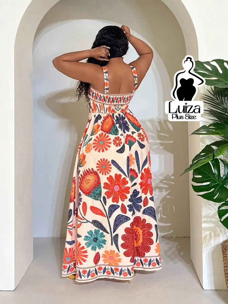Vestido Longo Estampado Floral Alças Largas Plus Size Vestido Longo Estampado Floral Alças Largas Plus Size