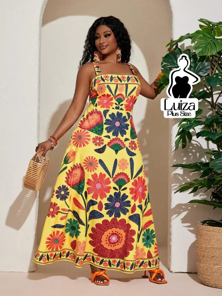 Vestido Longo Estampado Floral Alças Largas Plus Size Vestido Longo Estampado Floral Alças Largas Plus Size