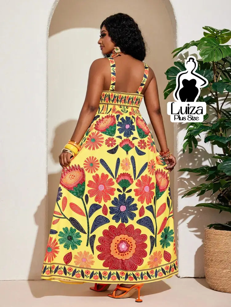 Vestido Longo Estampado Floral Alças Largas Plus Size Vestido Longo Estampado Floral Alças Largas Plus Size