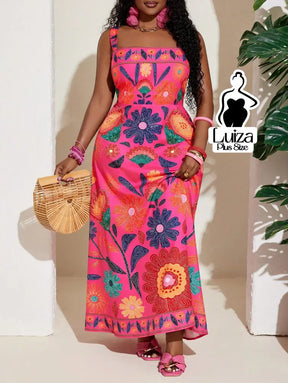 Vestido Longo Estampado Floral Alças Largas Plus Size Vestido Longo Estampado Floral Alças Largas Plus Size