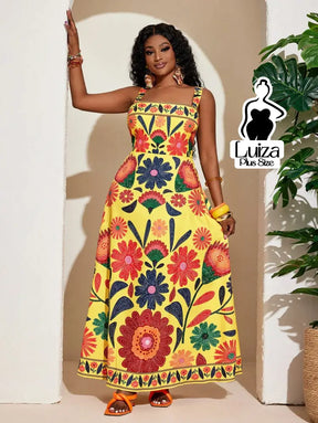 Vestido Longo Estampado Floral Alças Largas Plus Size Vestido Longo Estampado Floral Alças Largas Plus Size
