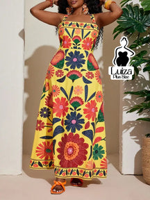 Vestido Longo Estampado Floral Alças Largas Plus Size Amarela / G Vestido Longo Estampado Floral Alças Largas Plus Size