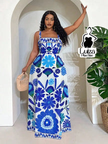 Vestido Longo Estampado Floral Alças Largas Plus Size Azul / G Vestido Longo Estampado Floral Alças Largas Plus Size