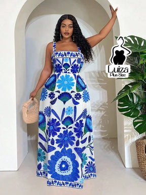 Vestido Longo Estampado Floral Alças Largas Plus Size Azul / G Vestido Longo Estampado Floral Alças Largas Plus Size