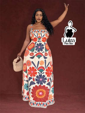 Vestido Longo Estampado Floral Alças Largas Plus Size Laranja / G Vestido Longo Estampado Floral Alças Largas Plus Size