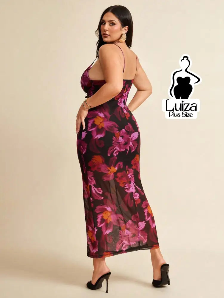 Vestido Longo Estampado Floral Recortes Transparência Plus Size Vestido Longo Estampado Floral Recortes Transparência