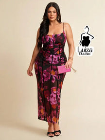 Vestido Longo Estampado Floral Recortes Transparência Plus Size Roxo / G Vestido Longo Estampado Floral Recortes