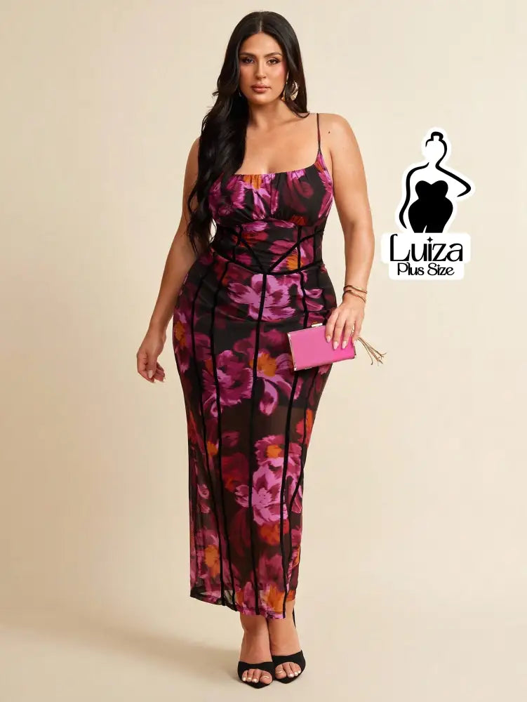 Vestido Longo Estampado Floral Recortes Transparência Plus Size Roxo / G Vestido Longo Estampado Floral Recortes