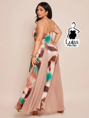 Vestido Longo Estampado Saia Fluida Alça Fina Plus Size Vestido Longo Estampado Saia Fluida Alça Fina Plus Size