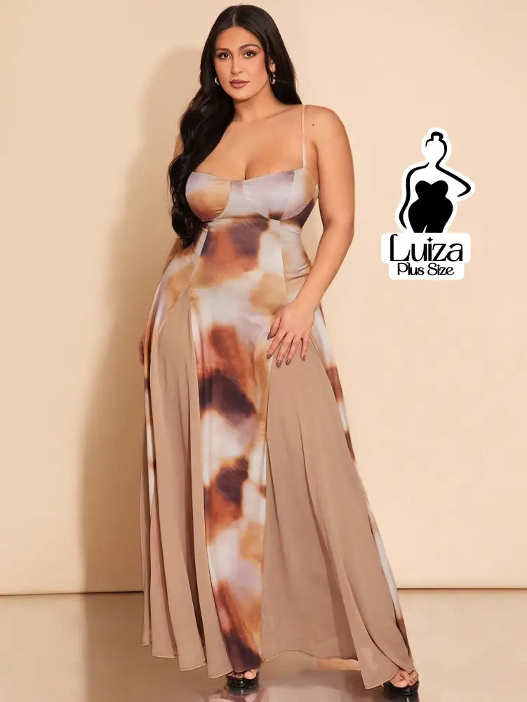 Vestido Longo Estampado Saia Fluida Alça Fina Plus Size Vestido Longo Estampado Saia Fluida Alça Fina Plus Size