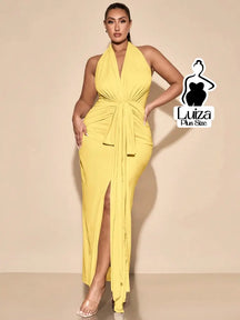 Vestido Longo Frente Única Amarração Fenda Plus Size Amarela / G Vestido Longo Frente Única Amarração Fenda Plus Size