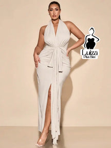 Vestido Longo Frente Única Amarração Fenda Plus Size Damasco / G Vestido Longo Frente Única Amarração Fenda Plus Size