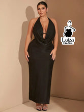 Vestido Longo Frente Única Decote Drapeado Profundo Plus Size Preto / G Vestido Longo Frente Única Decote Drapeado