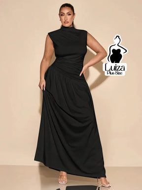 Vestido Longo Gola Alta Cintura Drapeada Saia Ampla Plus Size Vestido Longo Gola Alta Cintura Drapeada Saia Ampla Plus