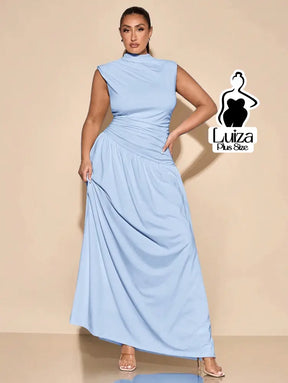Vestido Longo Gola Alta Cintura Drapeada Saia Ampla Plus Size Vestido Longo Gola Alta Cintura Drapeada Saia Ampla Plus