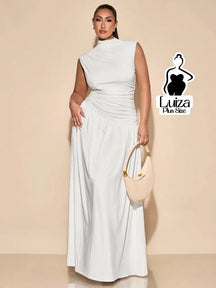 Vestido Longo Gola Alta Cintura Drapeada Saia Ampla Plus Size Branco / G Vestido Longo Gola Alta Cintura Drapeada Saia