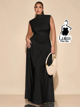 Vestido Longo Gola Alta Cintura Drapeada Saia Ampla Plus Size Preto / G Vestido Longo Gola Alta Cintura Drapeada Saia