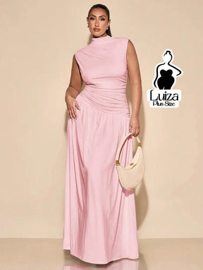 Vestido Longo Gola Alta Cintura Drapeada Saia Ampla Plus Size Rosa / G Vestido Longo Gola Alta Cintura Drapeada Saia