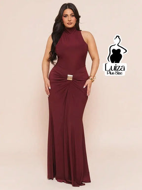Vestido Longo Gola Alta Detalhe Metal Cintura Plus Size Vinho / G Vestido Longo Gola Alta Detalhe Metal Cintura Plus