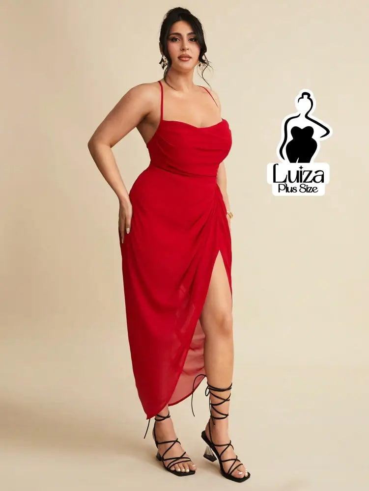 Vestido Longo Justo Drapeado Fenda Profunda Plus Size Vestido Longo Justo Drapeado Fenda Profunda Plus Size