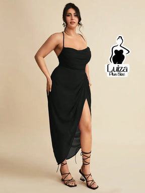 Vestido Longo Justo Drapeado Fenda Profunda Plus Size Vestido Longo Justo Drapeado Fenda Profunda Plus Size