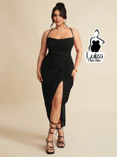 Vestido Longo Justo Drapeado Fenda Profunda Plus Size Preto / G Vestido Longo Justo Drapeado Fenda Profunda Plus Size