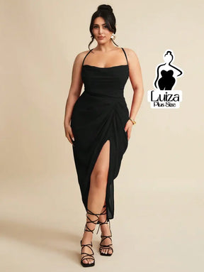 Vestido Longo Justo Drapeado Fenda Profunda Plus Size Preto / G Vestido Longo Justo Drapeado Fenda Profunda Plus Size