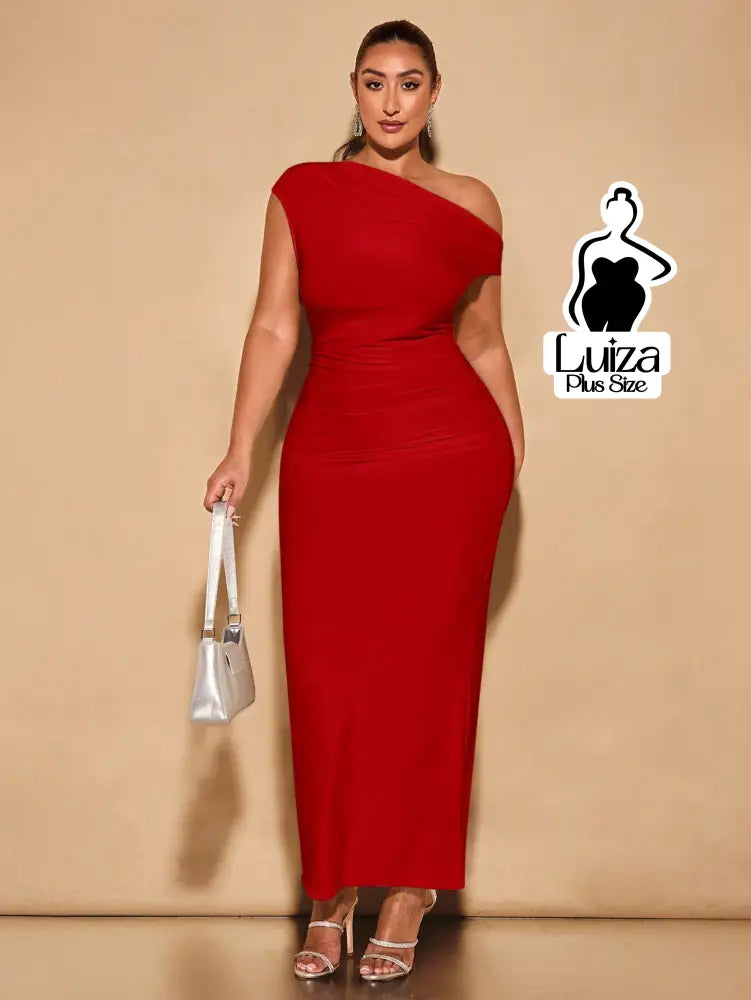 Vestido Longo Ombro A Ombro Cintura Drapeada Plus Size Vermelho / G Vestido Longo Ombro A Ombro Cintura Drapeada Plus