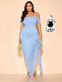 Vestido Longo Ombro A Ombro Drapeado Amarração Plus Size Azul Bebê / G Vestido Longo Ombro A Ombro Drapeado Amarração