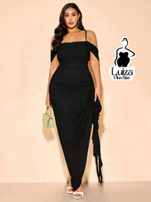 Vestido Longo Ombro A Ombro Drapeado Amarração Plus Size Preto / G Vestido Longo Ombro A Ombro Drapeado Amarração Plus