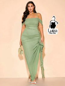 Vestido Longo Ombro A Ombro Drapeado Amarração Plus Size Verde / G Vestido Longo Ombro A Ombro Drapeado Amarração Plus