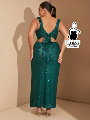 Vestido Longo Paetê Decote Quadrado Fenda Plus Size Vestido Longo Paetê Decote Quadrado Fenda Plus Size