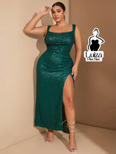 Vestido Longo Paetê Decote Quadrado Fenda Plus Size Verde Escuro / G Vestido Longo Paetê Decote Quadrado Fenda Plus Size
