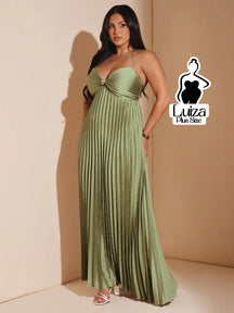 Vestido Longo Plissado Busto Torcido Costas Abertas Plus Size Verde / G Vestido Longo Plissado Busto Torcido Costas