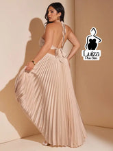 Vestido Longo Plissado Recortes Costas Abertas Plus Size Bege / G Vestido Longo Plissado Recortes Costas Abertas Plus