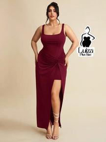 Vestido Longo Sofisticado Torção Fenda Na Saia Plus Size Vinho / G Vestido Longo Sofisticado Torção Fenda Na Saia Plus