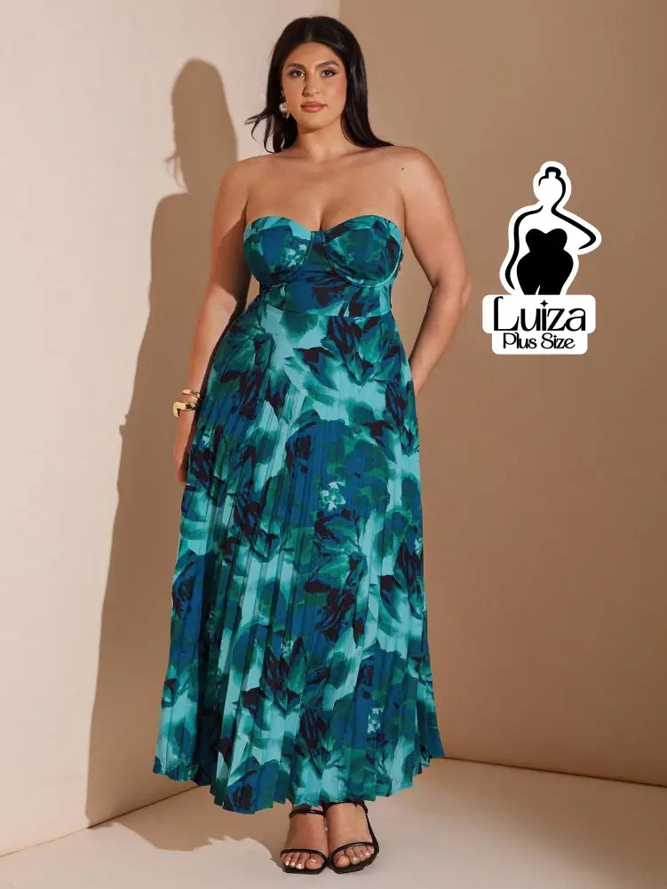 Vestido Longo Tomara Que Caia Estampa Floral Plissada Plus Size Azul / G Vestido Longo Tomara Que Caia Estampa Floral