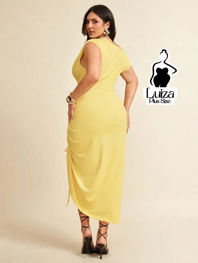 Vestido Longo Um Ombro Drapeado Fenda Sofisticado Plus Size Vestido Longo Um Ombro Drapeado Fenda Sofisticado Plus Size