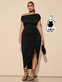 Vestido Longo Um Ombro Drapeado Fenda Sofisticado Plus Size Preto / G Vestido Longo Um Ombro Drapeado Fenda Sofisticado