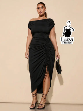 Vestido Longo Um Ombro Drapeado Fenda Sofisticado Plus Size Preto / G Vestido Longo Um Ombro Drapeado Fenda Sofisticado
