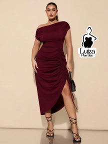 Vestido Longo Um Ombro Drapeado Fenda Sofisticado Plus Size Vinho / G Vestido Longo Um Ombro Drapeado Fenda Sofisticado