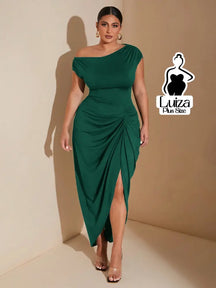 Vestido Longo Um Ombro Fenda Sofisticado Plus Size Verde Escuro / G Vestido Longo Um Ombro Fenda Sofisticado Plus Size