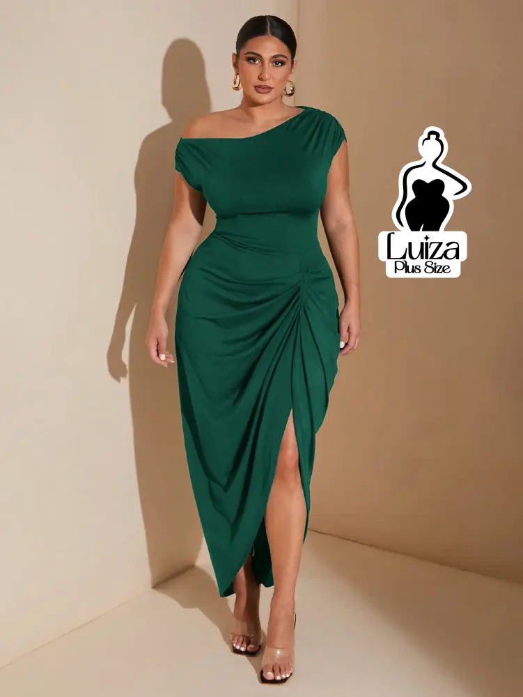 Vestido Longo Um Ombro Fenda Sofisticado Plus Size Verde Escuro / G Vestido Longo Um Ombro Fenda Sofisticado Plus Size