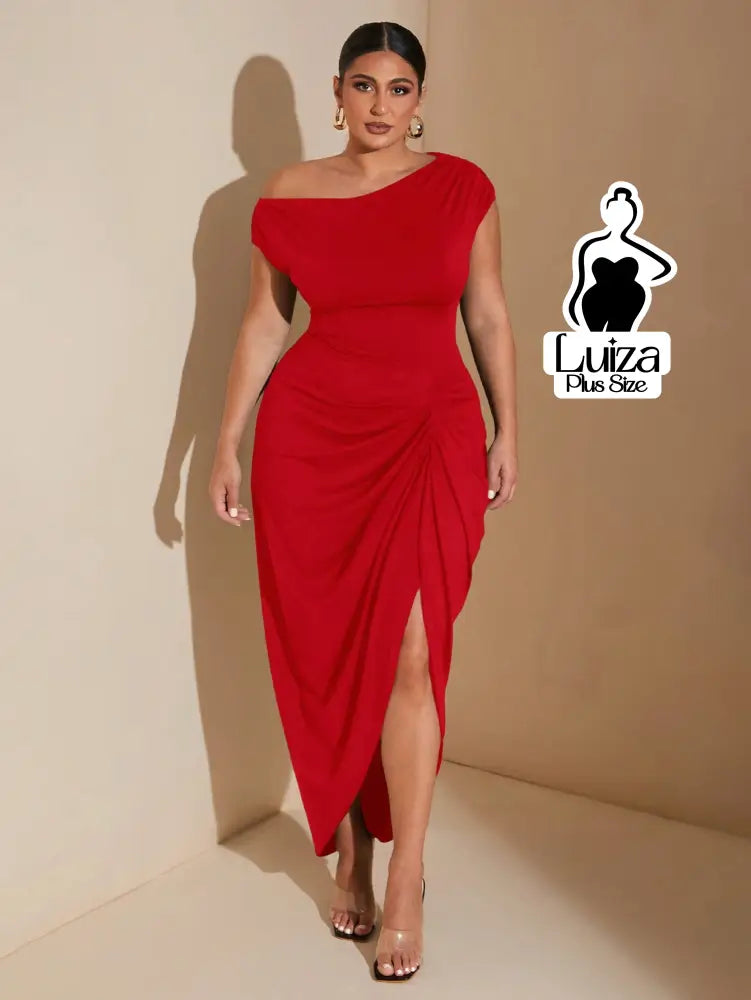 Vestido Longo Um Ombro Fenda Sofisticado Plus Size Vermelho / G Vestido Longo Um Ombro Fenda Sofisticado Plus Size
